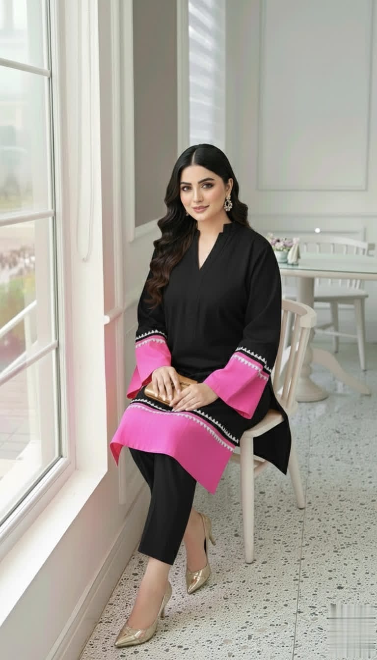 NISWA STYLE Elegant Cotton Contrast Suit – Two - Tone Long Shirt With Matching Trouser, Trendy Contrast Hem Shirt And Trouser.