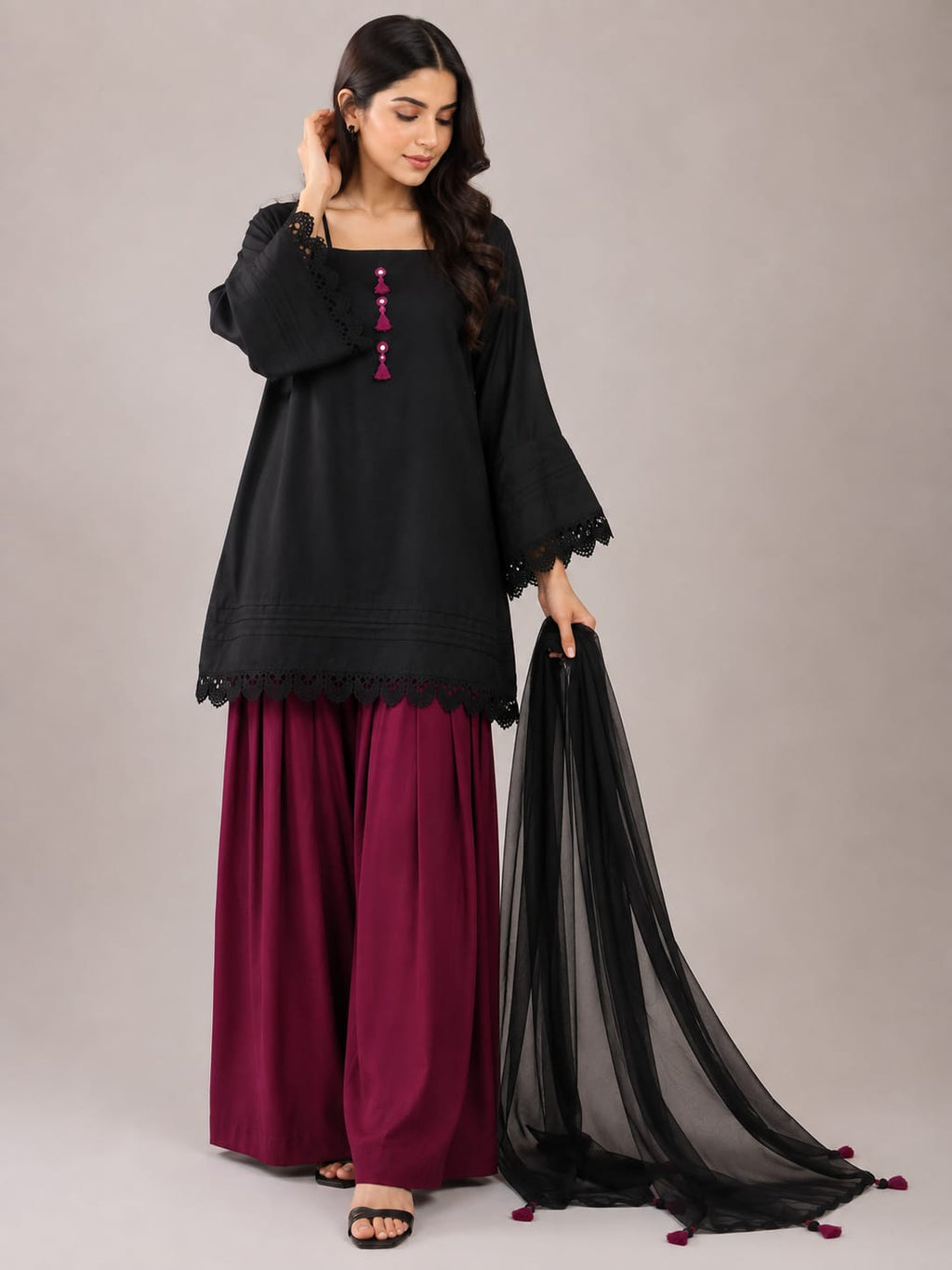 Black Kurti With Magenta Tassels & Farshi Palazzo