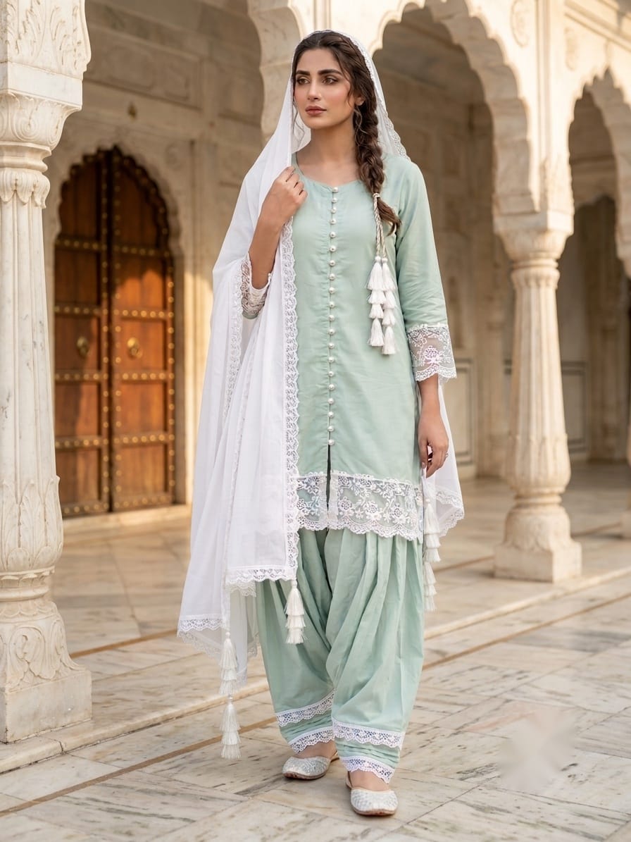 Pastel Mint Green Farshi Salwar Kameez Set With White Lace Dupatta