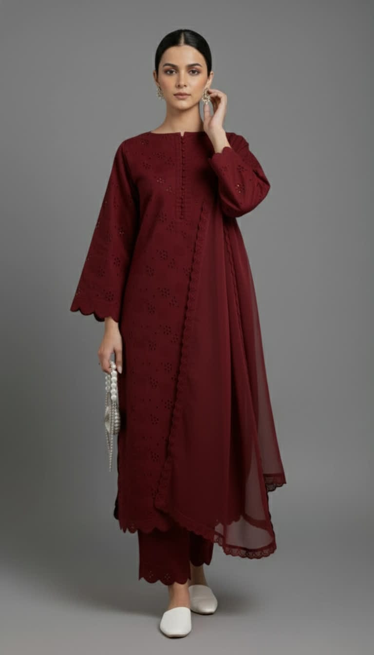 Premium Chikankari Salwar Kameez –  Long Shirt With Scallop Border, Cotton Trouser & Elegant Dupatta - New Light-Shade Collection For Women