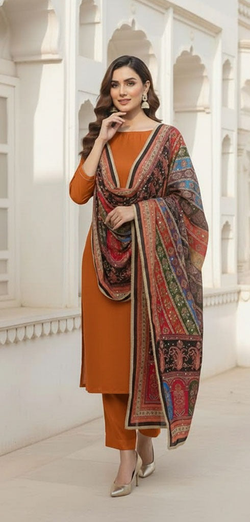 Colourful Ethnic Suit Set With Spectacular Embellished Mirrored Dupatta