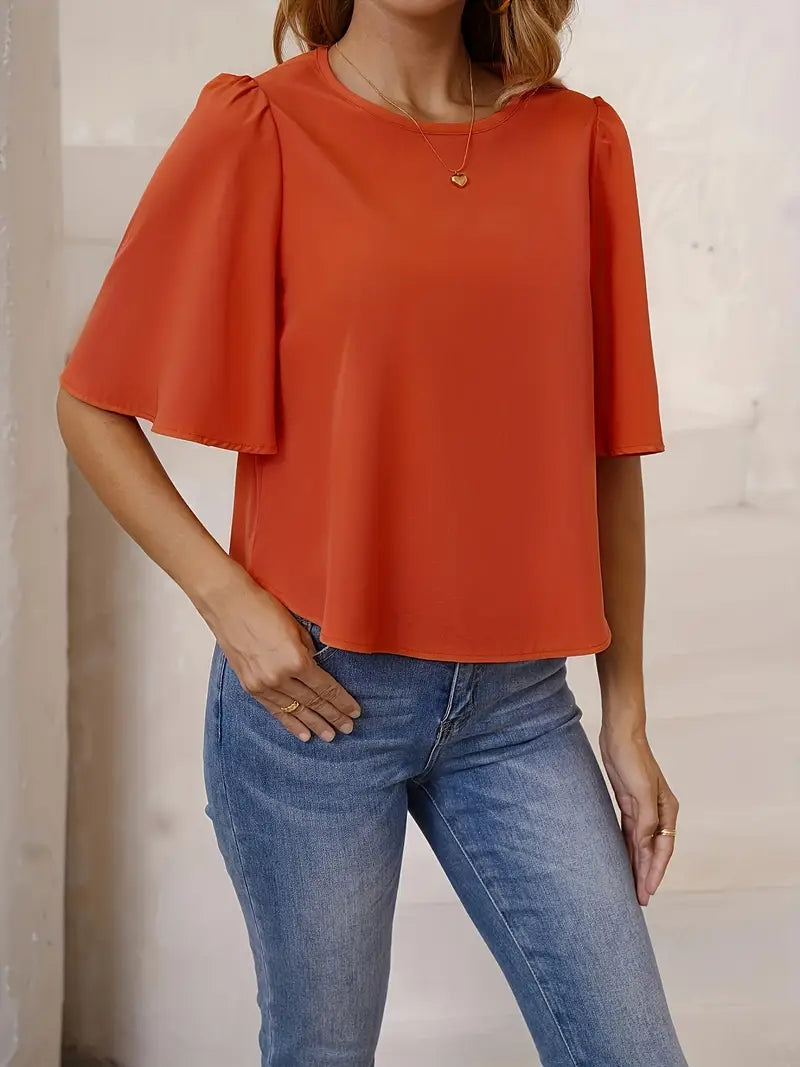 Elegant Non-See-Through Round Neck Shirt, Lightweight And Breathable Top For Formal And Casual Wear