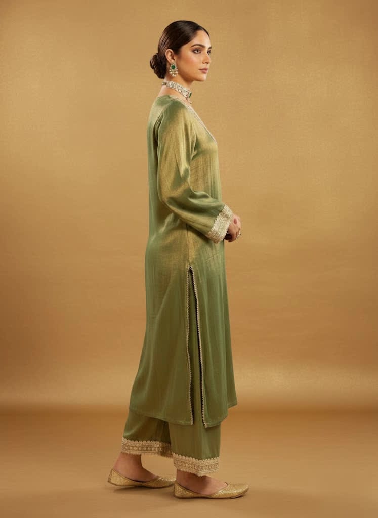 Women’s Long Green Silk Shirt & Trouser Set – Elegant 2-Piece Outfit With Lace Detailing - Formal Ethnic Wear Suit