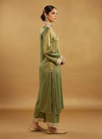 Women’s Long Green Silk Shirt & Trouser Set – Elegant 2-Piece Outfit With Lace Detailing - Formal Ethnic Wear Suit
