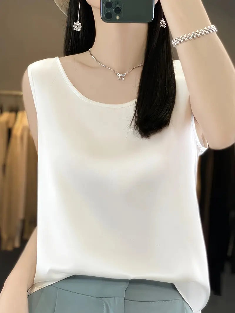 Elegant Low-Neck Sleeveless Tank Top – Semi-Sheer Stretchy Shirt, Layering Piece, Lightweight Top For Casual Wear