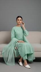 Premium Chikankari Salwar Kameez –  Long Shirt With Scallop Border, Cotton Trouser & Elegant Dupatta - New Light-Shade Collection For Women