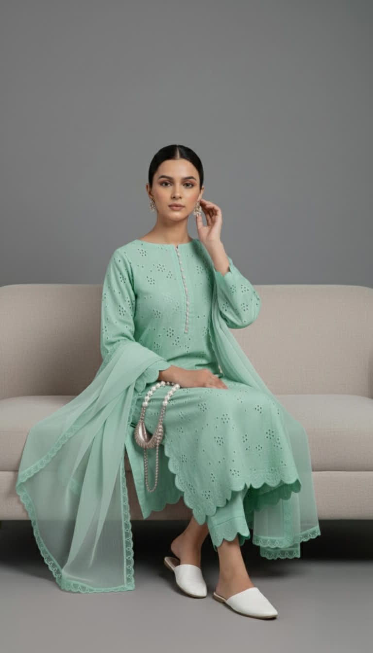 Premium Chikankari Salwar Kameez –  Long Shirt With Scallop Border, Cotton Trouser & Elegant Dupatta - New Light-Shade Collection For Women