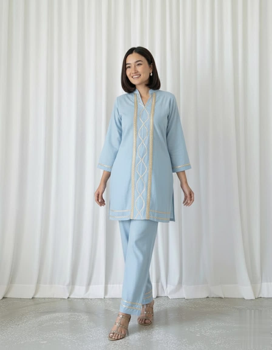 Cotton Slub Kurti Palazzo Set – Soft Co-Ord With Elegant Lace Detailing - Comfortable Daily Wear Kurta & Palazzo For Women