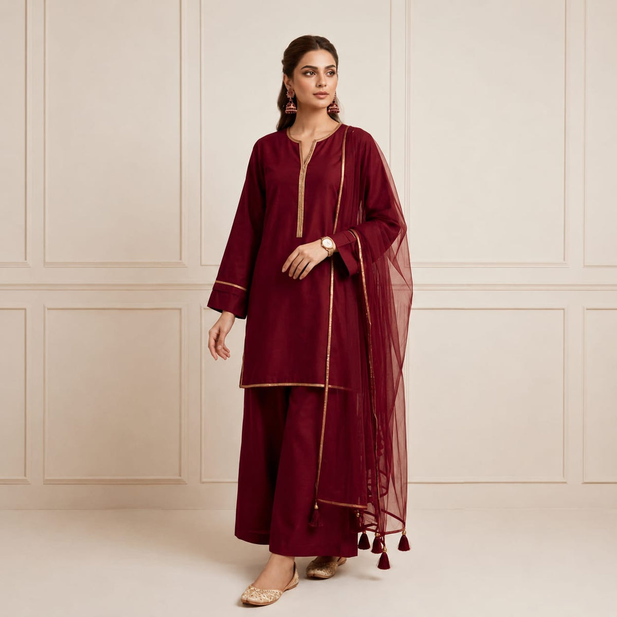 Maroon Luxury Pret Ensemble With Gold Detailing