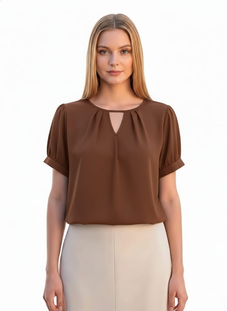 Women’s V-Neck Blouse, Loose Fit Short Sleeve Top With Glossy Fabric, Vintage Style