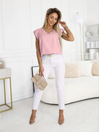 Casual V-Neck Blouse With Ruffle Sleeves – Lightweight Top, Button-Up Front Shirt, Everyday Casual Wear