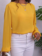 Vibrant Yellow Long Sleeve Blouse – Chiffon Lantern Sleeve Round Neck Shirt, Stylish All-Season Women’s Top