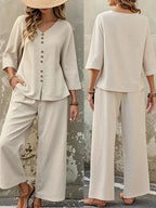 Women’s Casual Two-Piece Set – Long Sleeve Pullover With Fake Buttons & Pleated Wide-Leg Pants, All-Season Outfit