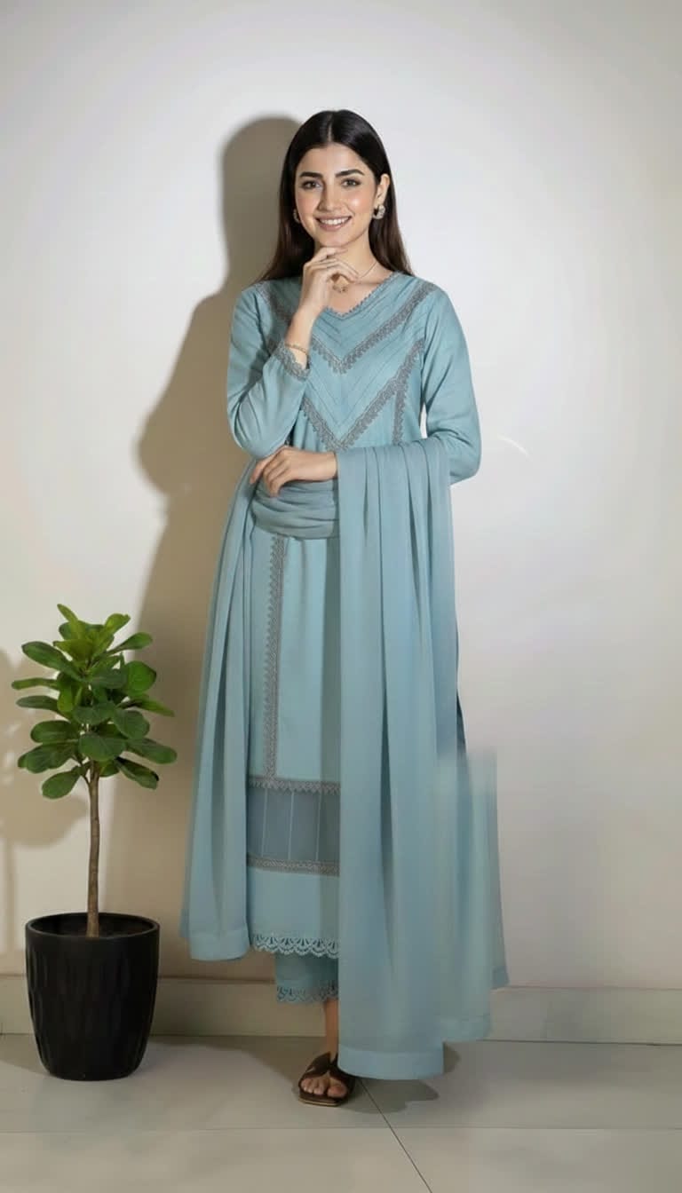 Cotton Lace Kurta Set For Women – 3 Piece Ethnic Suit With Chiffon Dupatta. |