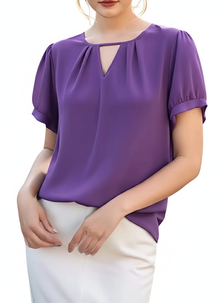 Women’s V-Neck Blouse, Loose Fit Short Sleeve Top With Glossy Fabric, Vintage Style