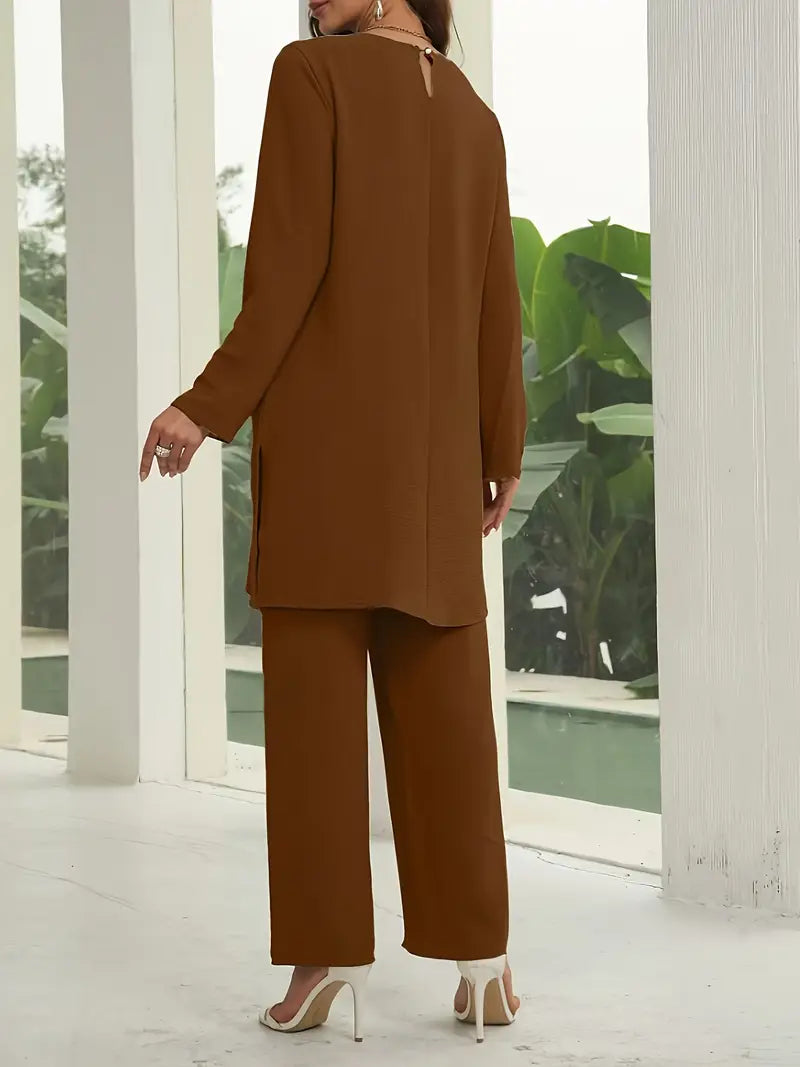 Elegant Women’s 2-Piece Set – Loose Round Neck Long Sleeve Top & Casual Wide-Leg Pants | Cozy Loungewear Outfit, Stylish Two-Piece Suit