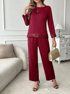 Elegant Two-Piece Set – Long Sleeve Lace Stitching Top & Matching Pants |Stylish, Comfortable and Classy Fashion Set