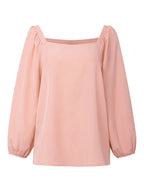 Elegant Long Sleeve Blouse, Square Neck Ruffled Tunic Shirt, Korean Style Chic, All-Season Rayon Top