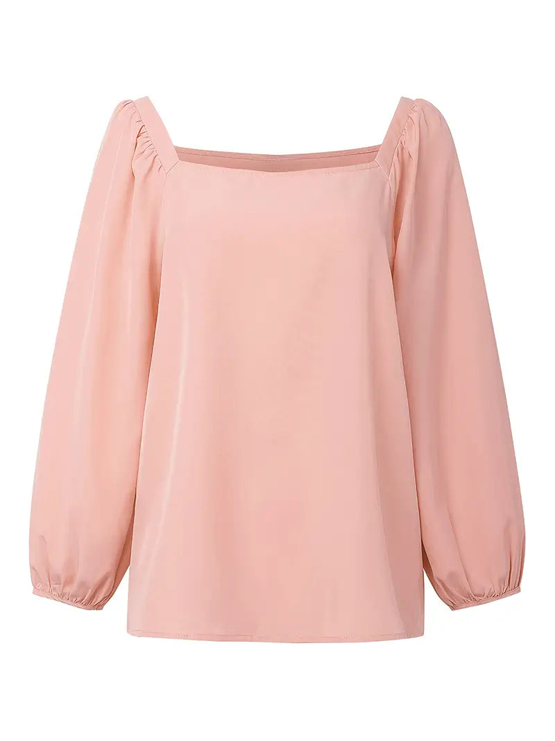 Elegant Long Sleeve Blouse, Square Neck Ruffled Tunic Shirt, Korean Style Chic, All-Season Rayon Top