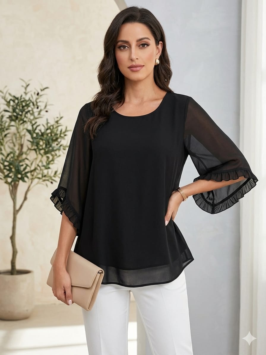 Elegant Black Ruffled Sleeve Blouse – Round Neck Short Sleeve Top, Stylish Ruffle Design, Timeless Elegance