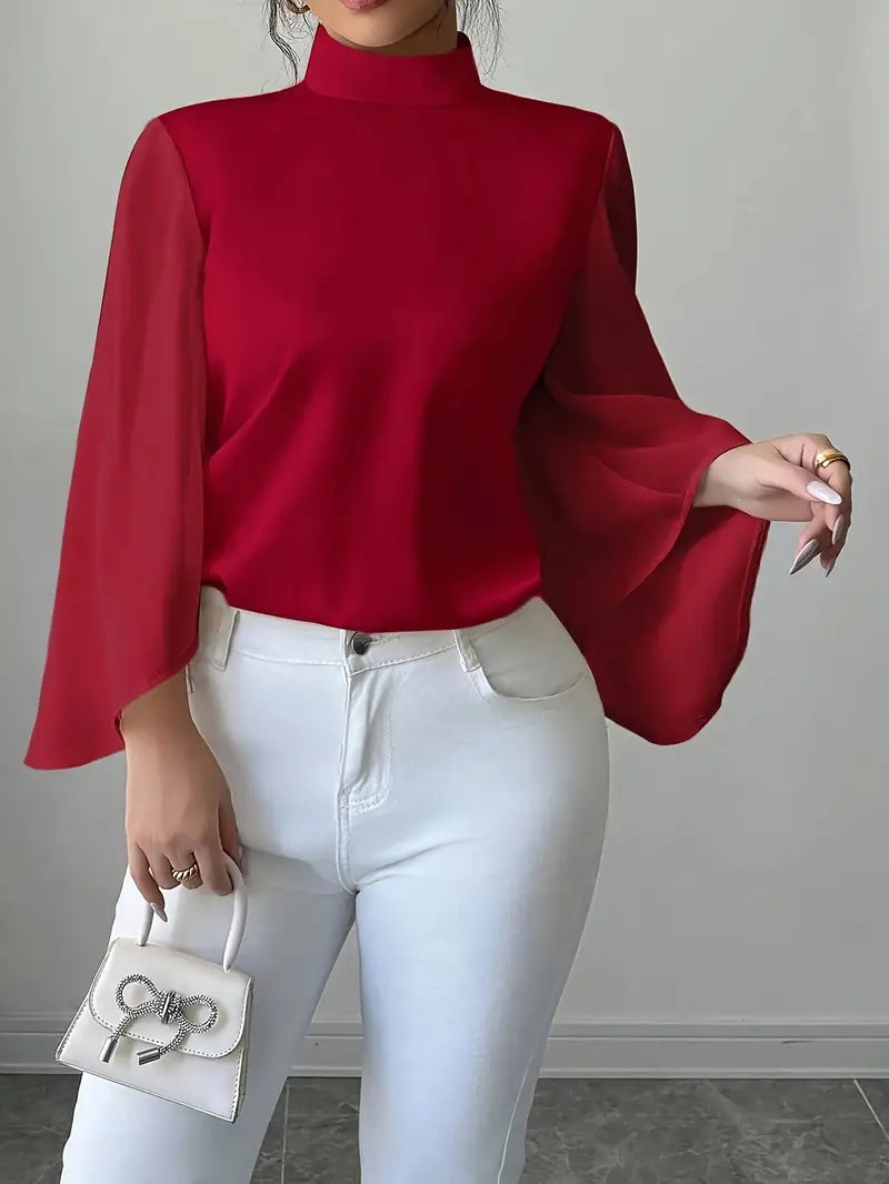 Elegant Red Ruffle Sleeve Blouse – Stand Collar Button-Up Long Sleeve Shirt For Women | Feminine Chic Ruffle Detail Blouse