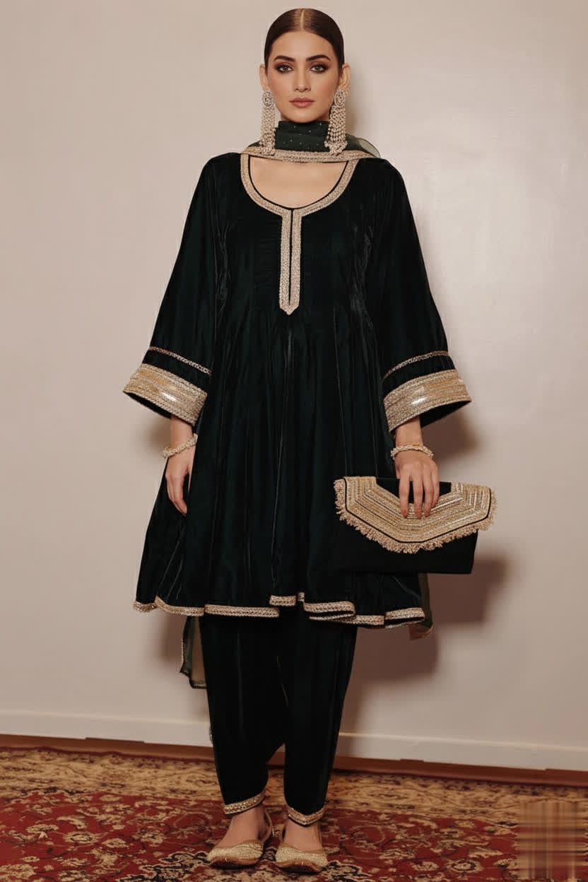 Rich Green Velvet Anarkali Set – Luxury Winter Formal Outfit With Kali Neckline & Embellished Lace Detailing