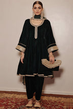 Rich Green Velvet Anarkali Set – Luxury Winter Formal Outfit With Kali Neckline & Embellished Lace Detailing