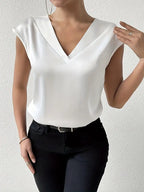 Elegant V-Neck Drop Shoulder Short Sleeve Blouse, Lightweight Breathable Fabric, Casual And Formal Top