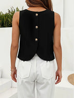 Backless Button-Up Linen Shirt – Sleeveless Round Neck Blouse With Side Slit, Versatile Office And Casual Attire
