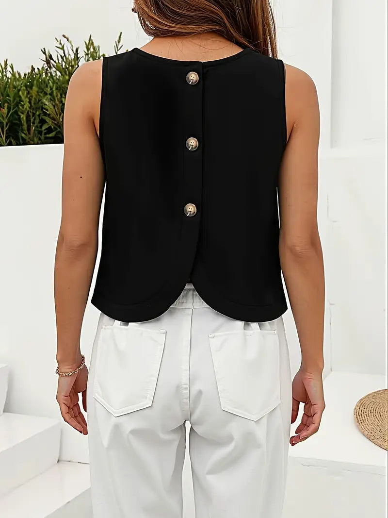 Backless Button-Up Linen Shirt – Sleeveless Round Neck Blouse With Side Slit, Versatile Office And Casual Attire