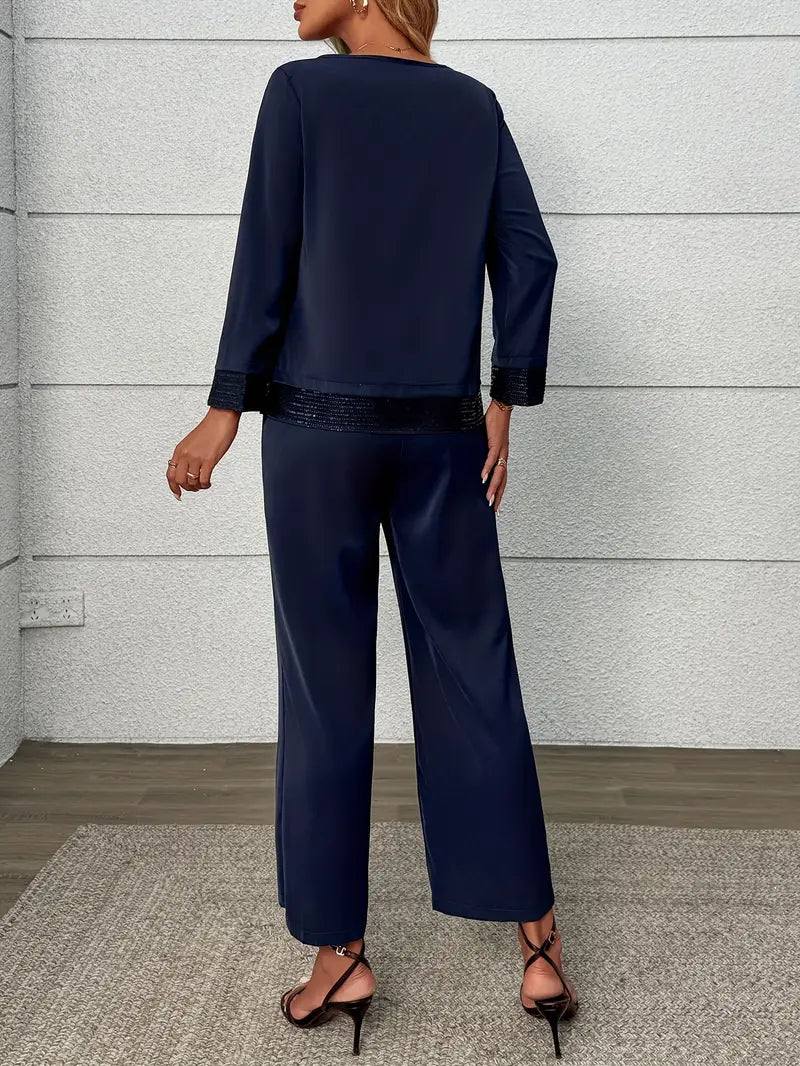 Elegant Two-Piece Set – Long Sleeve Lace Stitching Top & Matching Pants |Stylish, Comfortable and Classy Fashion Set