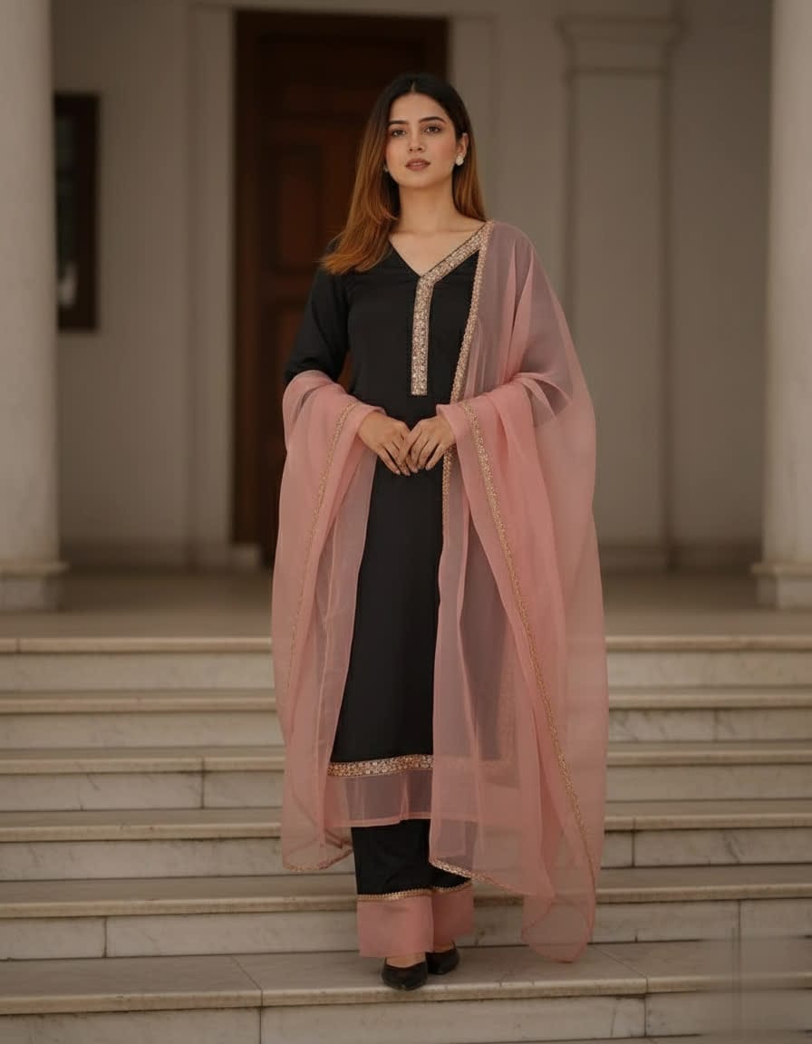 Elegant Black And Pink Kamiz Set For Women – Karchupi Lace Long Shirt, Bunon Pants & Soft Maslin Dupatta.