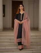 Elegant Black And Pink Kamiz Set For Women – Karchupi Lace Long Shirt, Bunon Pants & Soft Maslin Dupatta.