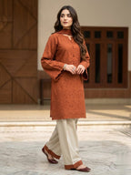 Elegant Rust Brown Chikankari Stitched Suit With Dupatta.