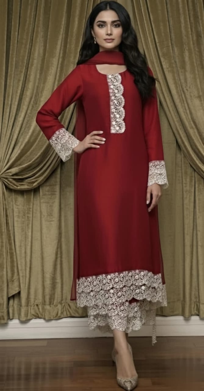 Premium Red Raw Silk Formal Wear Set - Handcrafted Pearl Lace Shirt - Elegant Drapes Organza Dupatta