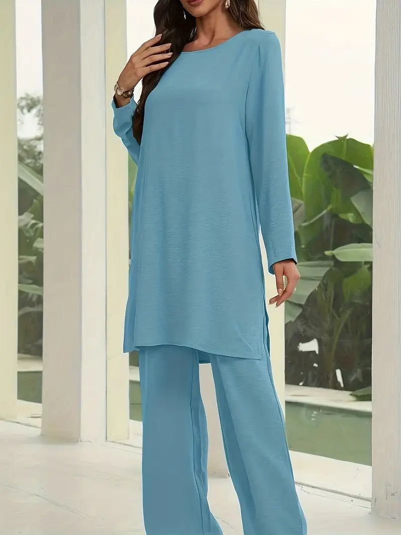 Elegant Women’s 2-Piece Set – Loose Round Neck Long Sleeve Top & Casual Wide-Leg Pants | Cozy Loungewear Outfit, Stylish Two-Piece Suit