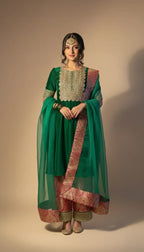 Traditional Meets Modern Silk Suit – Dark Green Embroidered Shirt With Brocade Pants & Organza Dupatta