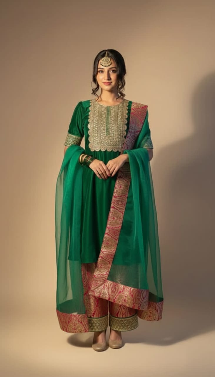 Traditional Meets Modern Silk Suit – Dark Green Embroidered Shirt With Brocade Pants & Organza Dupatta