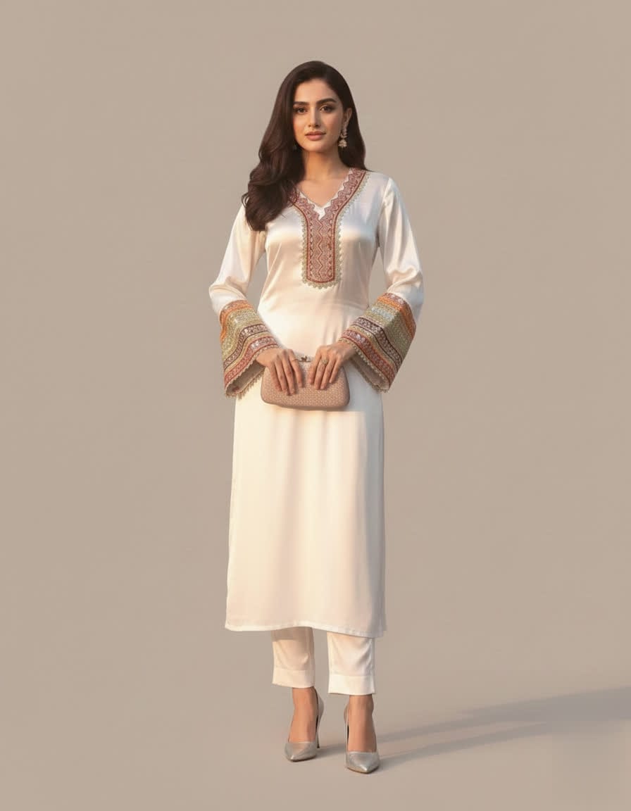 Classic Ivory Party Wear Three Piece Suit With Multicolor Sleeve Embellishments.