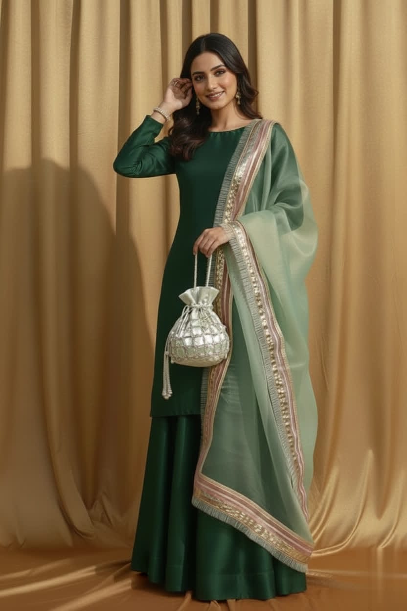 Elegant Plain Gharara Set For Women – Flared Palazzo-Style Gharara With Tissue Fabric & Light Green Masuri Dupatta