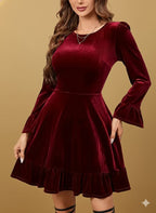 Burgundy Winter A-Line Dress With Poinsettia Collar & Ruffled Sleeves, Elegant Formal Party Wedding Gown