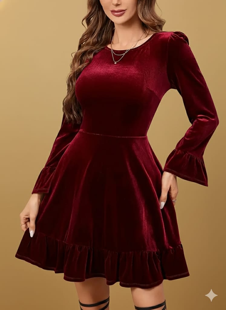 Burgundy Winter A-Line Dress With Poinsettia Collar & Ruffled Sleeves, Elegant Formal Party Wedding Gown