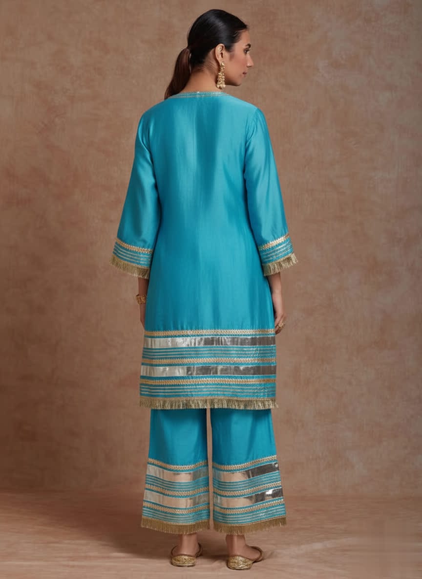 Elegant Red Chanderi Kurta – Traditional Straight-Cut Suit With Gold Gota Work, Lace Border, Flared Sleeves & Lined Finish