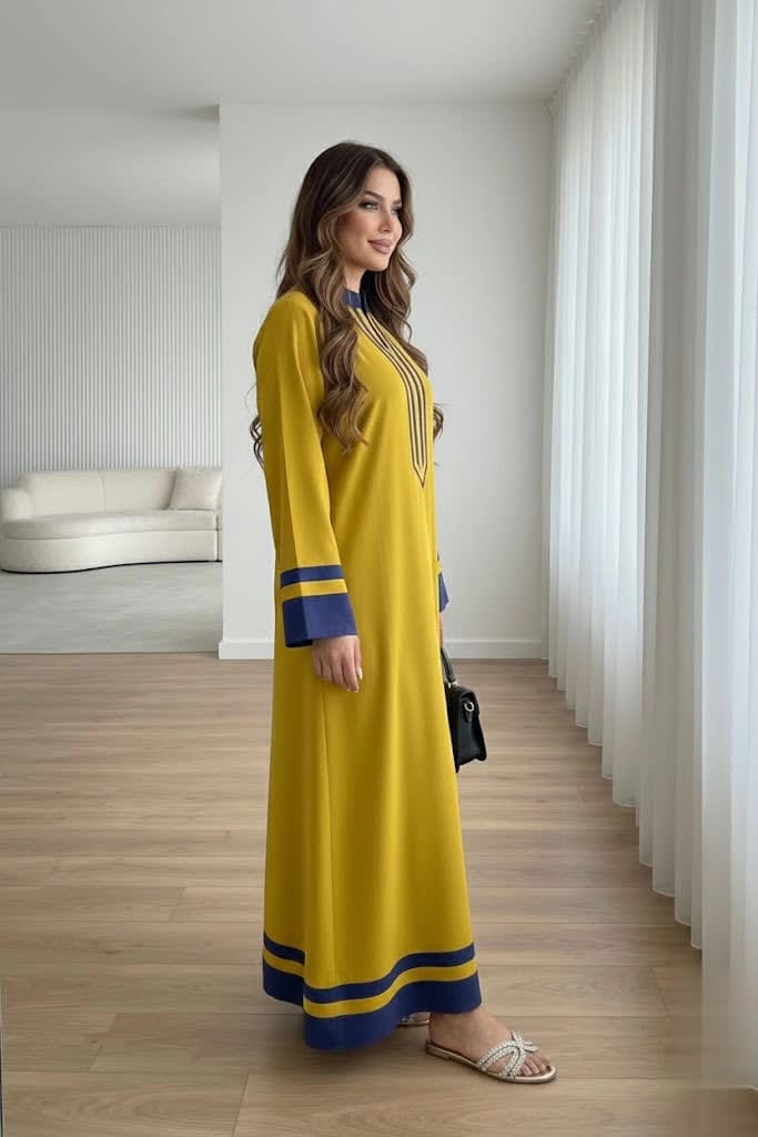 Neon Green Contemporary Long Dress For Women – Elegant Blue Border Detail, Flowing Sleeves & Modern Modest Wear