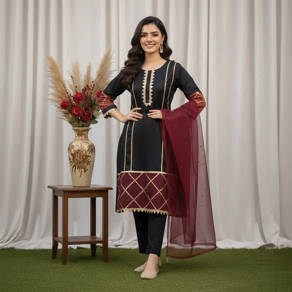 Classic Black Kurta Trouser Suit With Organza Lace Sleeves & Maroon Dupatta.