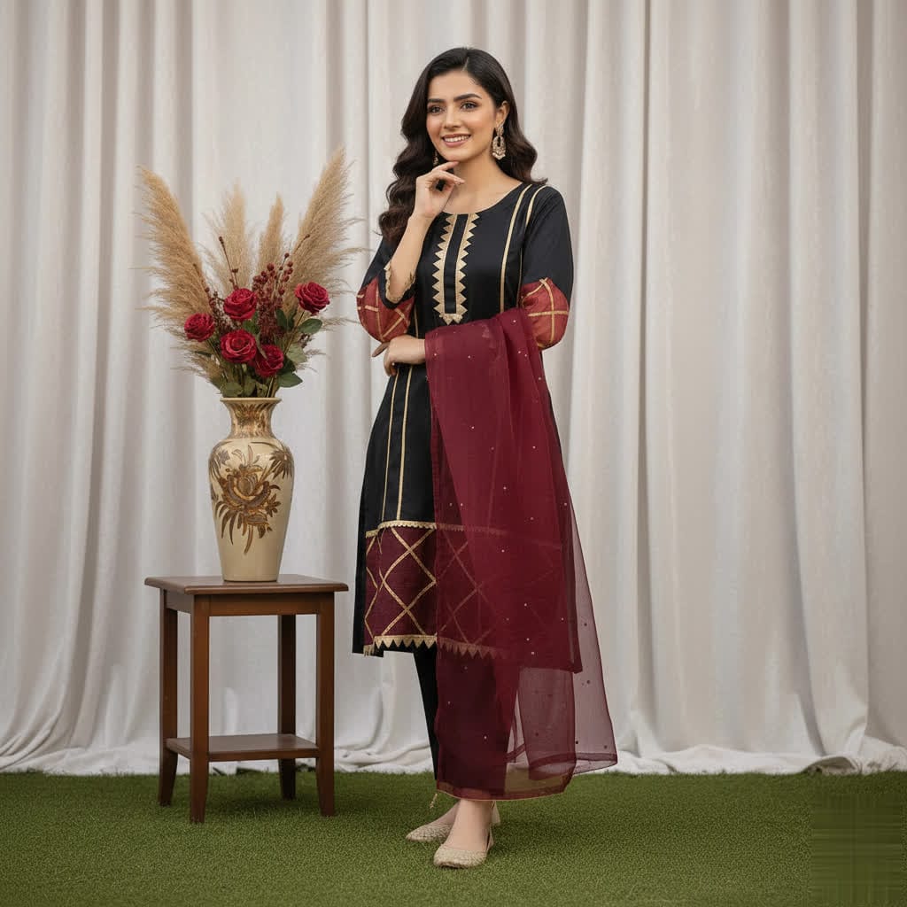Classic Black Kurta Trouser Suit With Organza Lace Sleeves & Maroon Dupatta.