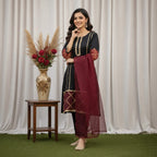 Classic Black Kurta Trouser Suit With Organza Lace Sleeves & Maroon Dupatta.