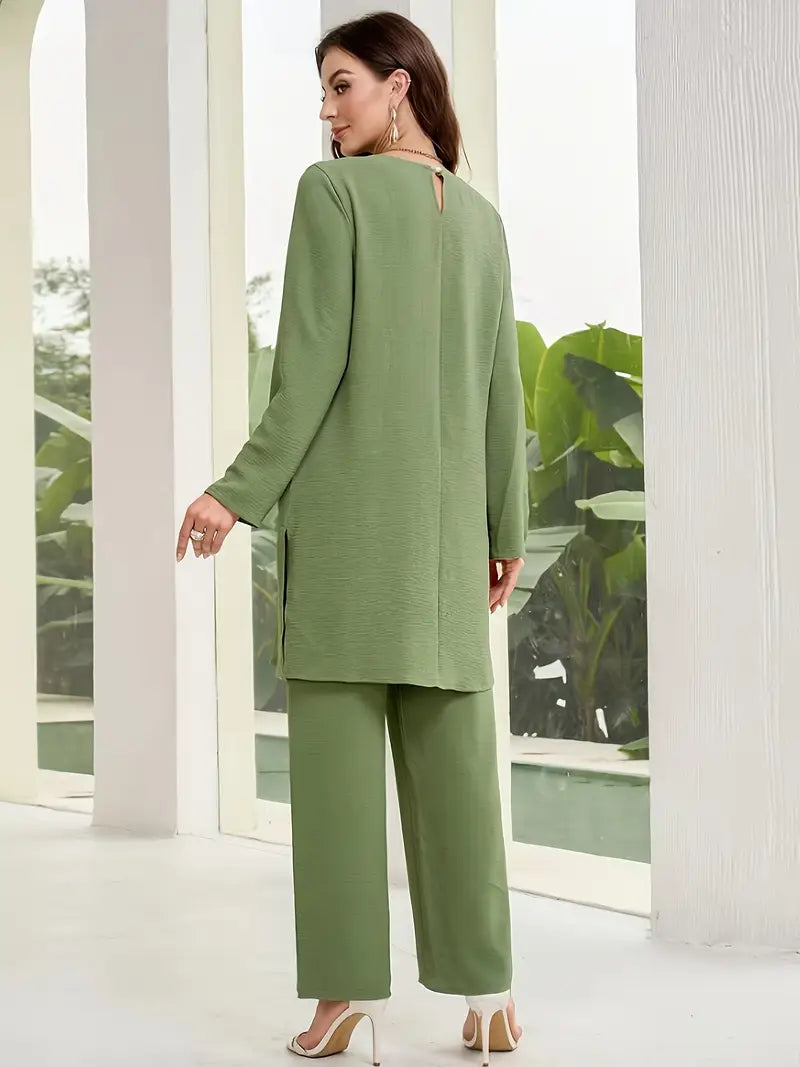 Elegant Women’s 2-Piece Set – Loose Round Neck Long Sleeve Top & Casual Wide-Leg Pants | Cozy Loungewear Outfit, Stylish Two-Piece Suit