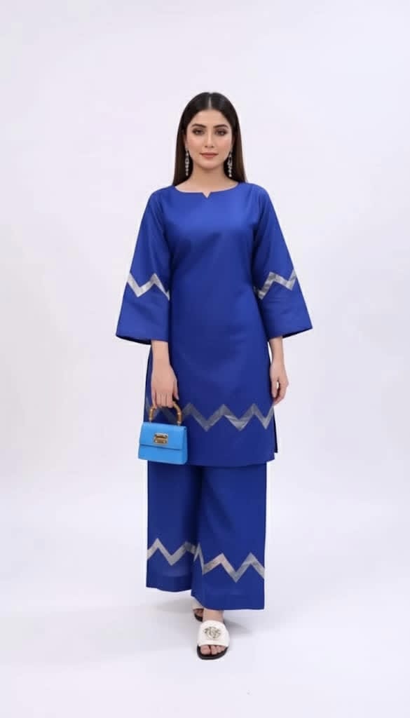 Elegant Royal Blue Silk Kurti & Wide-Leg Trouser Set – Women’s 2-Piece Outfit With Silver Zigzag Detailing