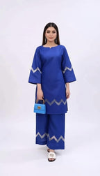 Elegant Royal Blue Silk Kurti & Wide-Leg Trouser Set – Women’s 2-Piece Outfit With Silver Zigzag Detailing
